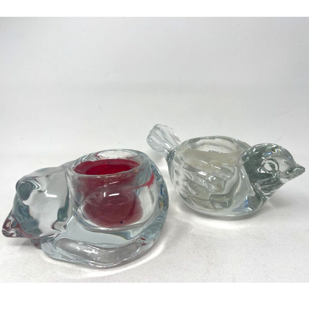Set of 2 Indiana Glass Votives Tea Lights Candle Holders Cat & Bird Vintage